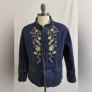 Women’s denim jacket embroidered with gold floral pattern size 16